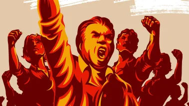 Illustration of a crowd of people with their hands and fist raised in the air